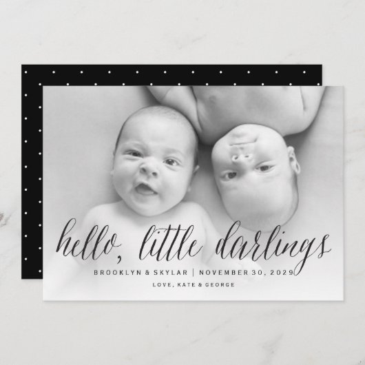 ハローリトルダーリングスモダンツインズフォト誕生 案内状 (正面/裏面)
