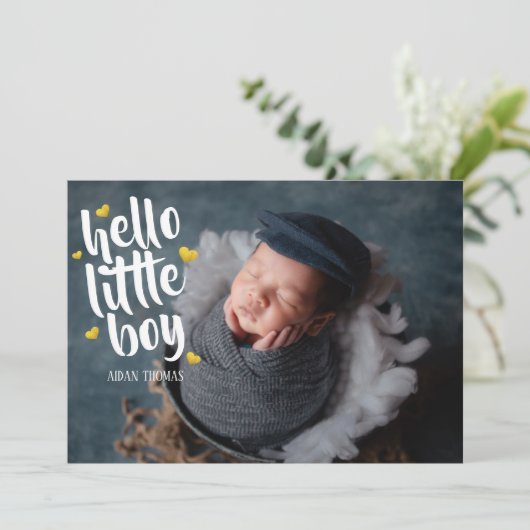 ハローリトルボーイ金ゴールドハートフォトコラージュ誕生 案内状 (スタンド正面)