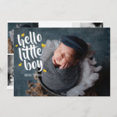 ハローリトルボーイ金ゴールドハートフォトコラージュ誕生 案内状 (正面/裏面)