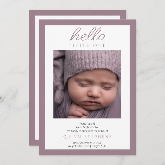 ハローリトルワン – 2フォトベビーラベンダー誕生 案内状 (正面/裏面)