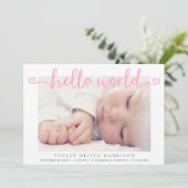 ハローワールドハート写真ピンクベビーガール誕生 案内状 (スタンド正面)