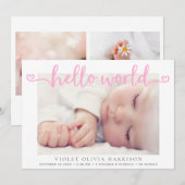 ハローワールドハート写真ピンクベビーガール誕生 案内状 (正面/裏面)