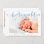 ハローワールドハート写真ブルー男の赤ちゃん誕生 案内状 (正面/裏面)