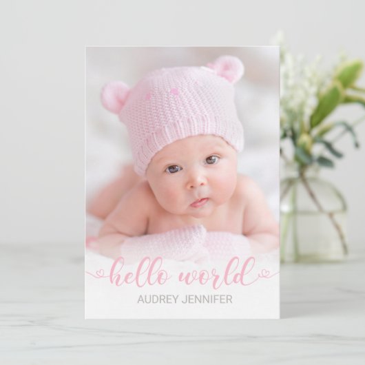 ハローワールドピンクスクリプトフォトベビーガール誕生 案内状 (スタンド正面)