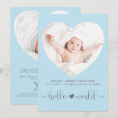 ハローワールドフォトハートフレームブルーボーイ誕生 案内状 (正面/裏面)