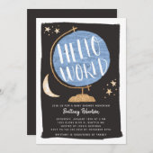 ハローワールドベイビーシャワーブルーグローブ 招待状 (正面/裏面)