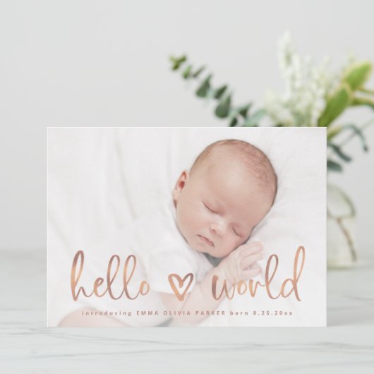 ハローワールド|ベビー写真ハート誕生の発表 招待状 (スタンド正面)