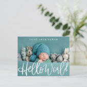 ハローワールド！モダンスクリプよくはしゃぐトベビー誕生 案内ポストカード (スタンド正面)