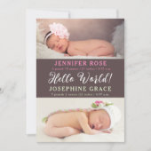 ハローワールド！写真モダン双子の誕生のお知らせ 招待状 (正面)