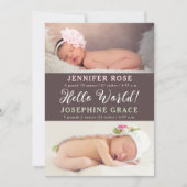 ハローワールド!写真モダン双子の誕生のお知らせ 招待状 (正面)