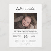 ハローワールド | 出産発表の生まれたばかりの写真 案内ポストカード (正面)