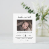 ハローワールド | 出産発表の生まれたばかりの写真 案内ポストカード (スタンド正面)