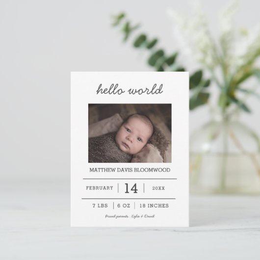 ハローワールド | 出産発表の生まれたばかりの写真 案内ポストカード (スタンド正面)