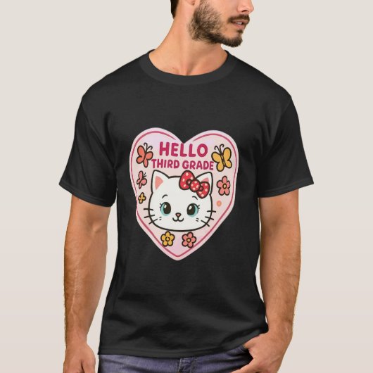 ハロー女子小学生 3年生 キティ ネコ 背面 Tシャツ (正面)