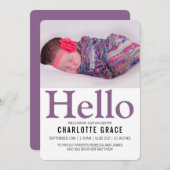 ハロー新生児パープルパーソナライズされた 案内状 (正面/裏面)