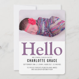 ハロー新生児パープルパーソナライズされた 案内状