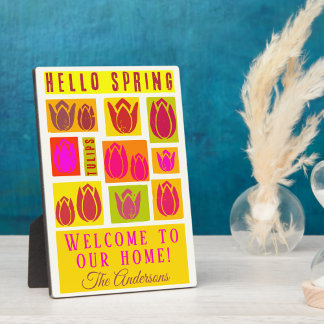 ハロー春チューリップ歓迎サインTabletop Plake フォトプラーク