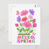ハロー春ピンクと紫の花と蝶 ポストカード (正面/裏面)