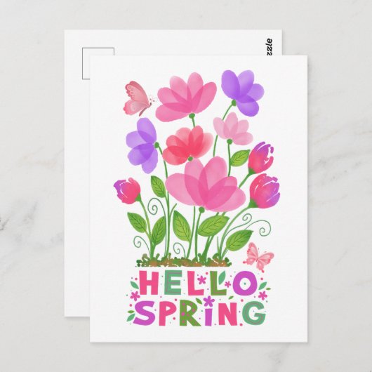 ハロー春ピンクと紫の花と蝶 ポストカード (正面/裏面)