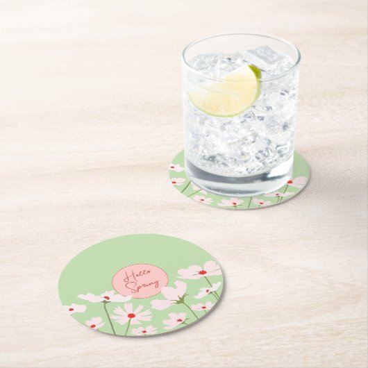 ハロー春ライトピンク赤コスモス花 ラウンドペーパーコースター (インサイチュ)
