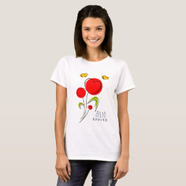 ハロー春文字と赤いハート花 Tシャツ