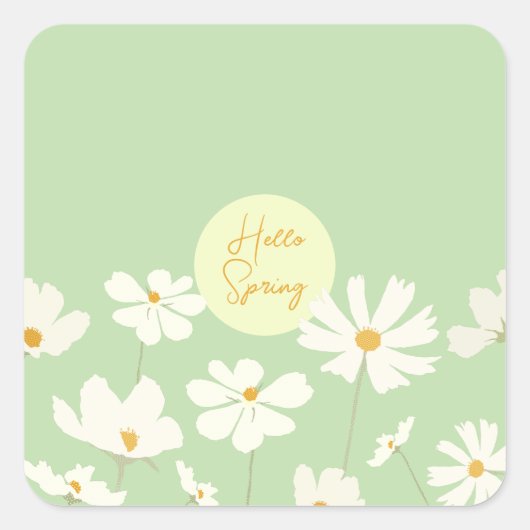 ハロー春白コスモス花イエローセンター スクエアシール (正面)