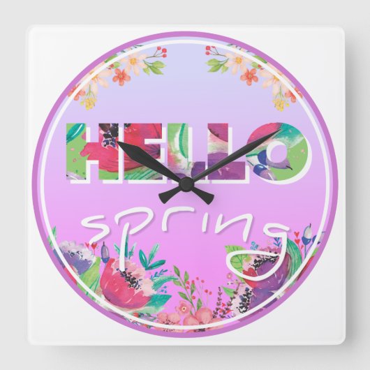 ハロー春、花、円 スクエア壁時計 (正面)