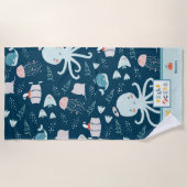 ハロー海タコとフィッシュ航海のブルーキッド ビーチタオル (正面)