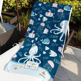 ハロー海タコとフィッシュ航海のブルーキッド ビーチタオル