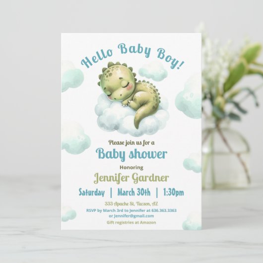 ハロー男の赤ちゃんかわいい恐竜ブルーベビーシャワー 招待状 (スタンド正面)