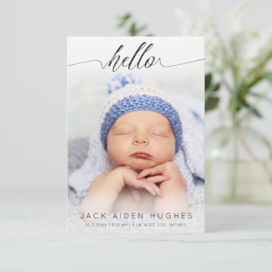 ハロー男の赤ちゃんガール誕生発表写真カード 案内状 (スタンド正面)