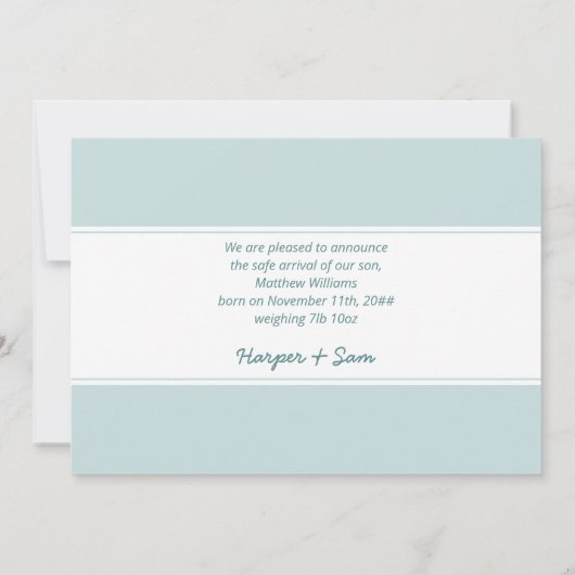 ハロー男の赤ちゃんフォトブルー&ホワイト誕生 案内状 (裏面)