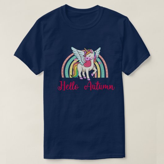 ハロー秋かわいいユニコーンの虹のパターン Tシャツ (デザイン正面)