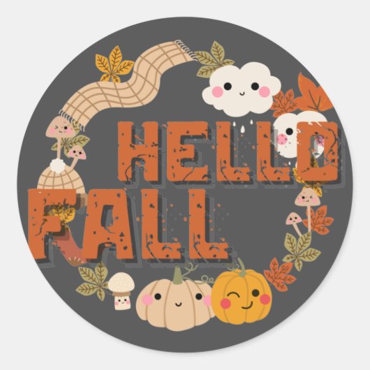 ハロー秋かわいい自然紅葉カボチャ ラウンドシール (正面)