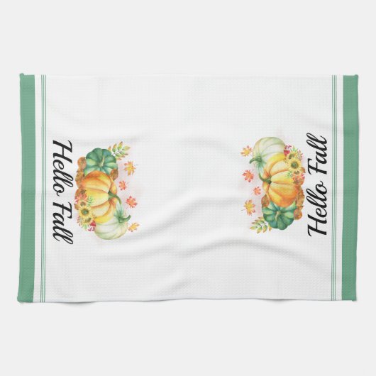 ハロー秋ウォーターカラーパンプキンサンクスギビング キッチンタオル (横)