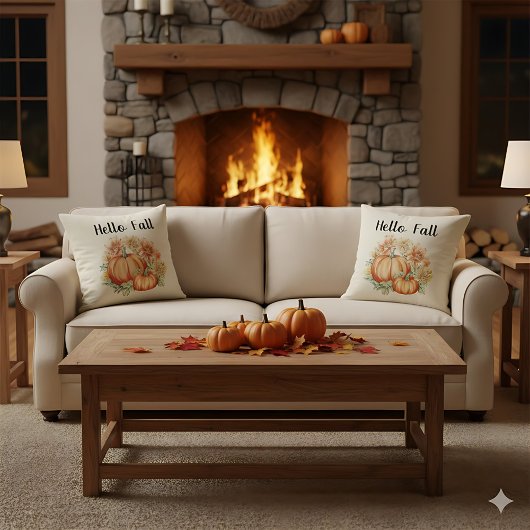 ハロー秋ウォーターカラーファームハウスオータムカンプキンズ クッション