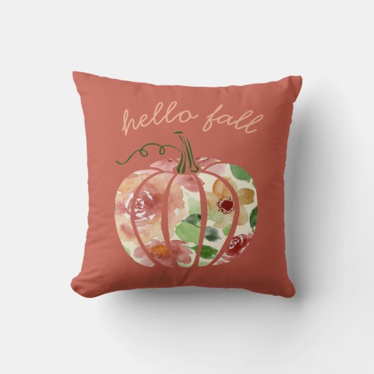 ハロー秋パンプキンオータムオレンジウォーターカラーフローラ クッション (正面)