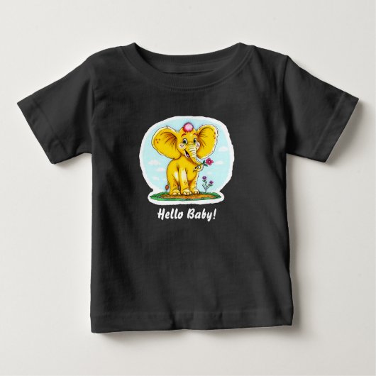 ハロー赤ちゃん! – かわいい象のベビーTシャツ (黒) ベビーTシャツ (正面)