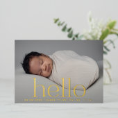 ハロー金ゴールドモダンの高潔な写真の誕生の発表 箔招待状 (立ち正面)