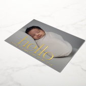 ハロー金ゴールドモダンの高潔な写真の誕生の発表 箔招待状 (回転した状態)