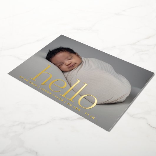 ハロー金ゴールドモダンの高潔な写真の誕生の発表 箔招待状 (回転した状態)