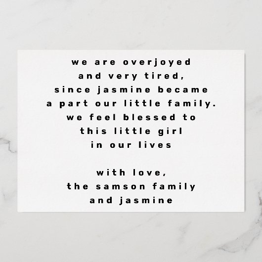 ハロー金ゴールドモダンの高潔な写真の誕生の発表 箔招待状 (裏面)