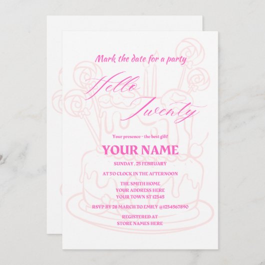 ハロー2シンプル歳とモダン誕生日の招待 招待状 (正面/裏面)