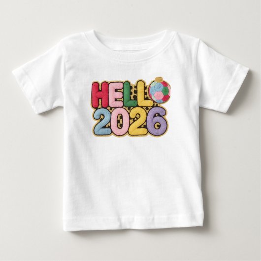 ハロー2026 かわいい刺繍風 新年Tシャツ ベビーTシャツ (正面)