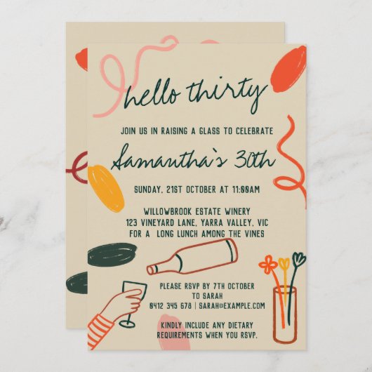 ハロー30サーティティースワイナリーランチ誕生日 招待状 (正面/裏面)