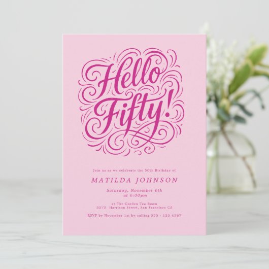 ハロー50!ピンクエレガント50歳の誕生日パーティー 招待状 (スタンド正面)