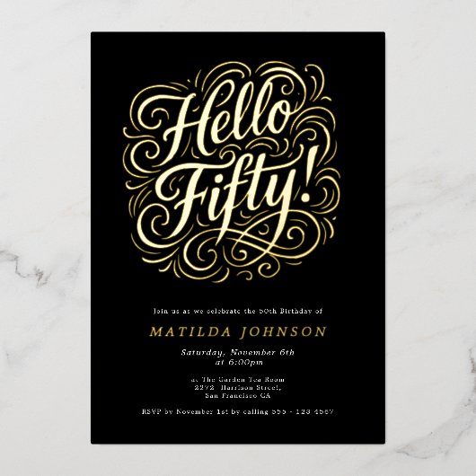 ハロー50!50歳エレガントの誕生日パーティー 箔招待状 (正面)
