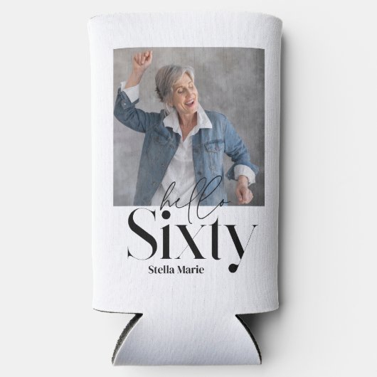 ハロー60白黒モダンユニークタイポグラフィ スリム缶クーラー (正面)