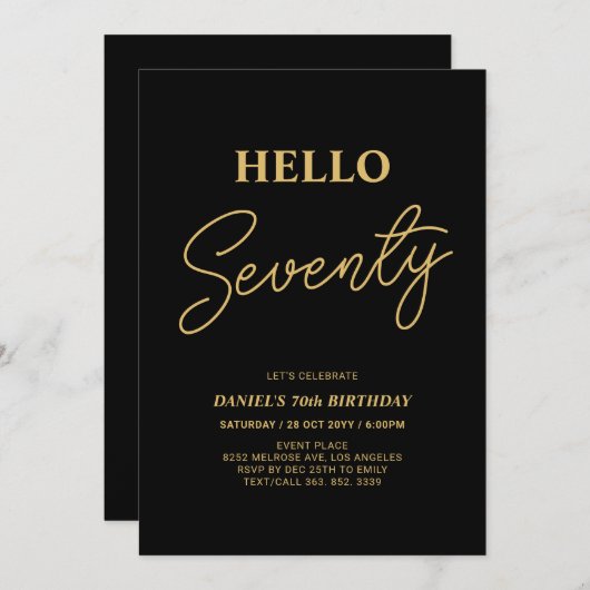 ハロー70 |金ゴールドとブラック70th誕生日パーティー 招待状 (正面/裏面)