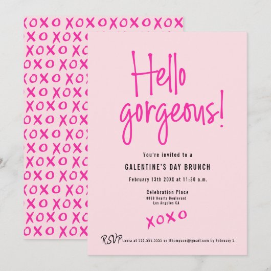 ハロー ゴージャス XOXO ピンク ガレンティーンズデイブランチ 招待状 (正面/裏面)